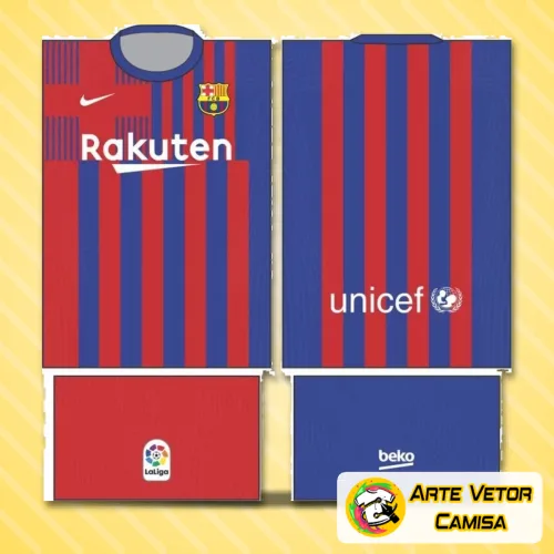 Foto da camisa Barcelona com logo no peito e estampa grande nas costas em cores vibrantes e design moderno que destaca o estilo único do uniforme.