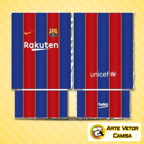 Camisa com logo no peito e estampa grande nas costas mostrando detalhes icônicos do Barcelona em cores vibrantes, ideal para quem aprecia estilo e paixão pelo futebol.
