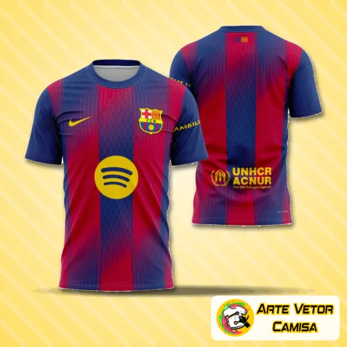 Vista frontal da camisa Barcelona com logo no peito e estampa grande nas costas, destacando seu design moderno e cores vibrantes para a temporada 2025-2026.