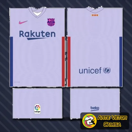 Camisa com logo no peito da equipe Barcelona e estampa grande nas costas destacando elementos gráficos modernos e cores vibrantes que remetem ao clássico estilo do time.