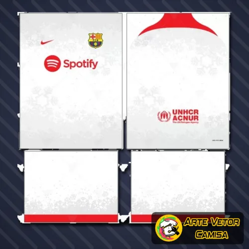 Camisa Barcelona com logo no peito vibrante e estampa grande nas costas que destaca detalhes incríveis do time, em cores vivas e design moderno para quem é fã do futebol.