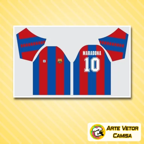 Camisa com logo no peito e estampa grande nas costas, apresentando design inspirado no estilo do Barcelona, cores vibrantes e detalhes que destacam o visual único e esportivo do modelo.