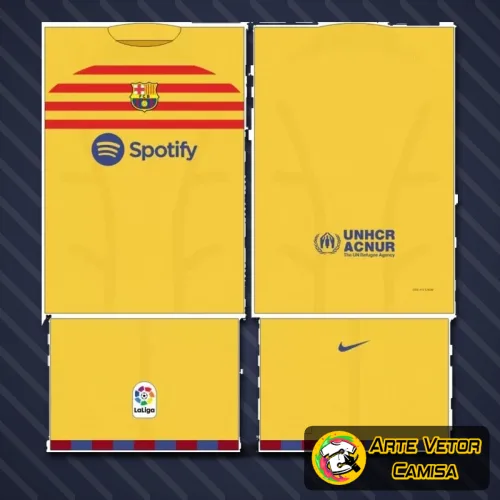 Camisa com logo no peito e estampa grande nas costas, destacando as cores vibrantes do time Barcelona e design moderno que une tradição e estilo em uma peça visualmente impactante.