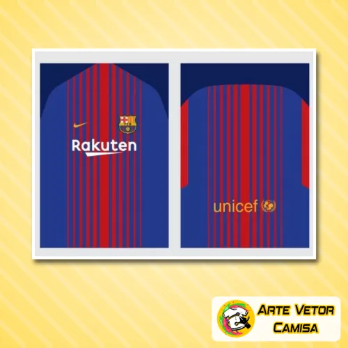 Camisa estilo retrô com logo no peito e estampa grande nas costas, exibindo design inspirado no tradicional Barcelona, combinando cores vibrantes e detalhes autênticos em visual elegante e marcante.