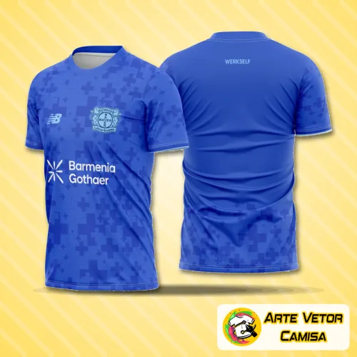 Camisa do Bayer 04 Leverkusen com logo no peito e uma estampa grande nas costas que chama atenção, exibindo design moderno e cores vibrantes que remetem ao time para a temporada 2025-2026.