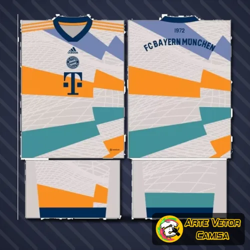 Camisa final com logo no peito e estampa grande nas costas, mostrando design moderno e detalhado inspirado no Bayern München 2024, com cores vibrantes e traços marcantes que destacam o conceito exclusivo.