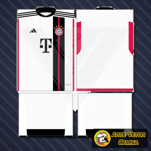 Camisa com logo no peito vermelho vibrante e estampa grande nas costas em design moderno e elegante inspirado na tradicional identidade do Bayern München para 2024.
