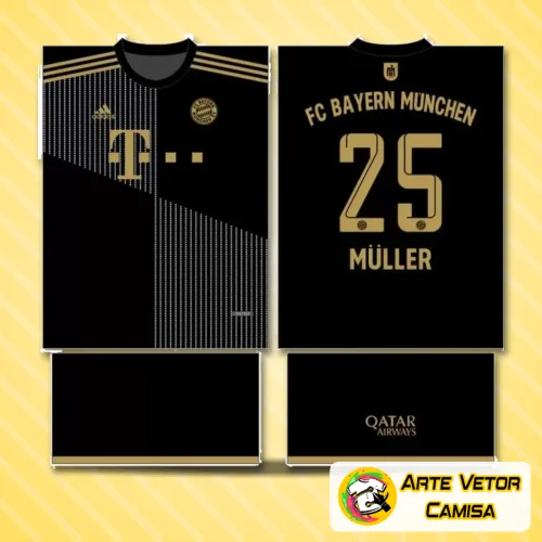Camisa final com logo no peito e uma estampa grande nas costas que destaca as cores e símbolos do Bayern München em um design moderno e impactante, ideal para fãs do time.