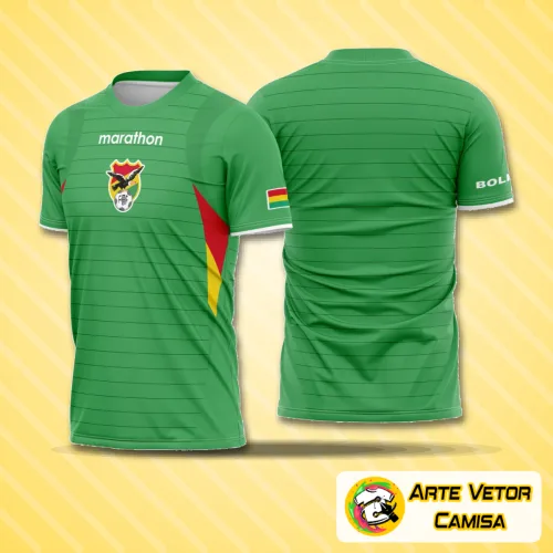 Foto da camisa Bolivia 2007 com logo no peito e estampa grande nas costas, destacando suas cores vibrantes e design típico da seleção boliviana de futebol local.