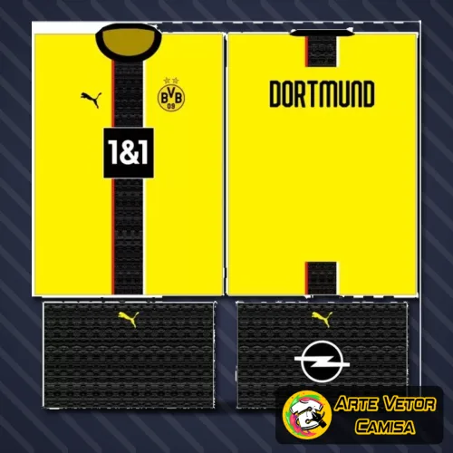 Camisa com logo no peito do Borussia Dortmund e estampa grande nas costas exibindo design moderno e marcante em cores preto e amarelo vibrantes.