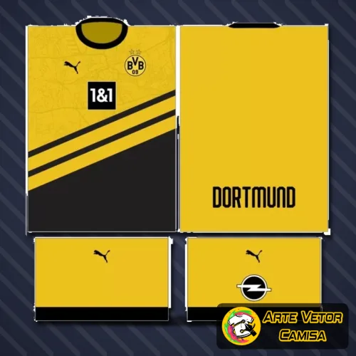 Camisa com logo do Borussia Dortmund no peito e estampa grande nas costas em design moderno e esportivo, destacando a identidade única do time alemão.
