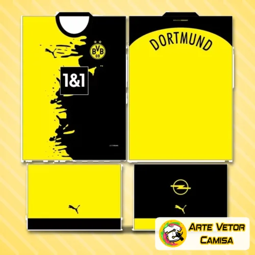 Camisa amarela vibrante com logo no peito e estampa grande nas costas destacando o design moderno inspirado no Borussia Dortmund.