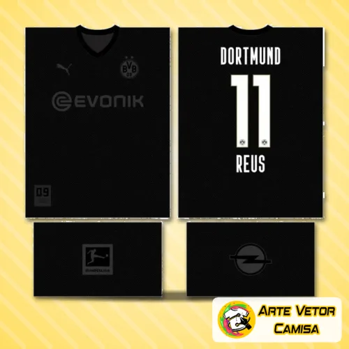 Camisa do Borussia Dortmund com logo no peito e estampa grande nas costas, em design moderno e vibrante que destaca as cores tradicionais do clube de forma impactante e elegante.