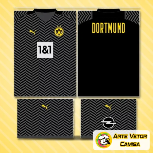 Camisa final com logo no peito e estampa grande nas costas, exibindo design moderno inspirado no Borussia Dortmund, perfeita para fãs que valorizam estilo e identidade futebolística.