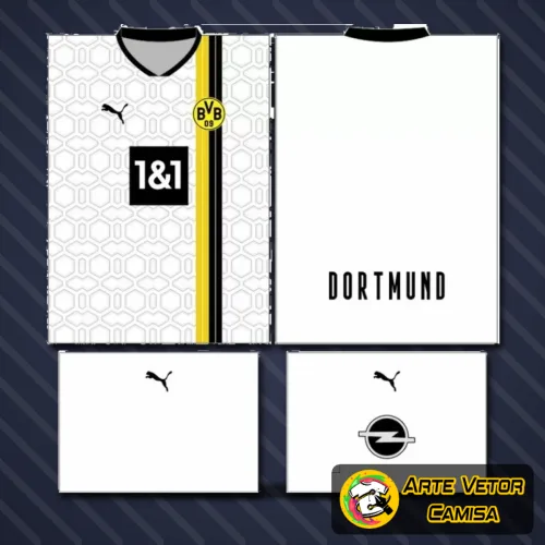Imagem da camisa Borussia Dortmund com logo no peito e estampa grande nas costas, apresentando design moderno e cores vibrantes que capturam a essência do clube.