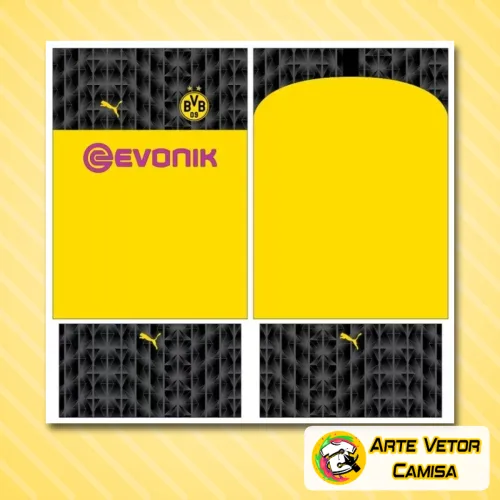 Camisa preta com detalhes amarelos, logo no peito em destaque e estampa grande nas costas que destaca o estilo único do Borussia Dortmund, perfeita para fãs do time que buscam um visual moderno e marcante.