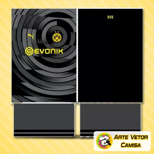 Camisa amarela com logo no peito e estampa grande nas costas em destaque, trazendo design moderno inspirado no estilo Borussia Dortmund.