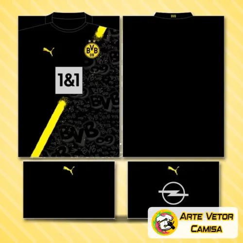 Camisa final com logo no peito e estampa grande nas costas em design moderno e vibrante, destacando as cores e símbolos do Borussia Dortmund com visual impactante e cheio de personalidade.