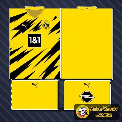 Camisa final com logo no peito e estampa grande nas costas mostrando design conceitual do Borussia Dortmund em cores marcantes.