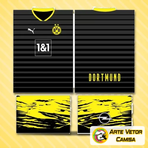 Imagem mostrando a camisa do Borussia Dortmund com logo no peito e uma estampa grande nas costas, destacando o estilo marcante e as cores vibrantes do time