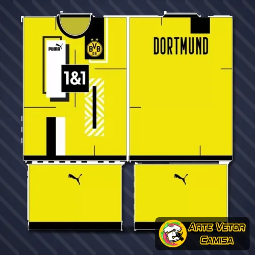Camisa final com logo no peito e estampa grande nas costas em homenagem ao Borussia Dortmund, destacando cores vibrantes e design moderno que une tradição e estilo para fãs exigentes.