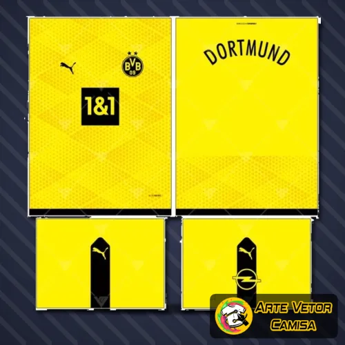 Imagem de camisa com logo no peito e estampa grande nas costas apresentando estilo moderno e vibrante inspirado no Borussia Dortmund, combinando cores fortes e design arrojado para fãs do futebol.
