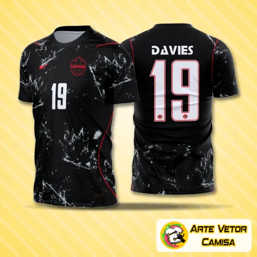 Camisa final com logo no peito e estampa grande nas costas, mostrando design moderno e detalhes inspirados na seleção do Canadá entre 2026 e 2028.