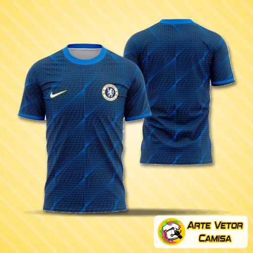 Camisa do Chelsea com logo no peito e estampa grande nas costas, em design moderno e elegante para a temporada 2023-2024, combinação perfeita de cores vibrantes e detalhes marcantes.
