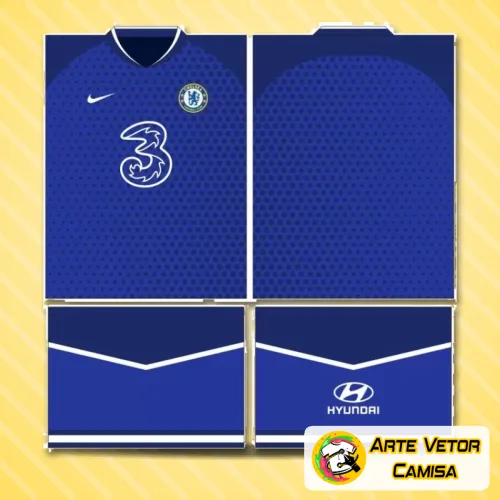 Foto de camisa Chelsea com logo no peito e estampa grande nas costas, ideal para torcedores que buscam um estilo único e marcante no visual
