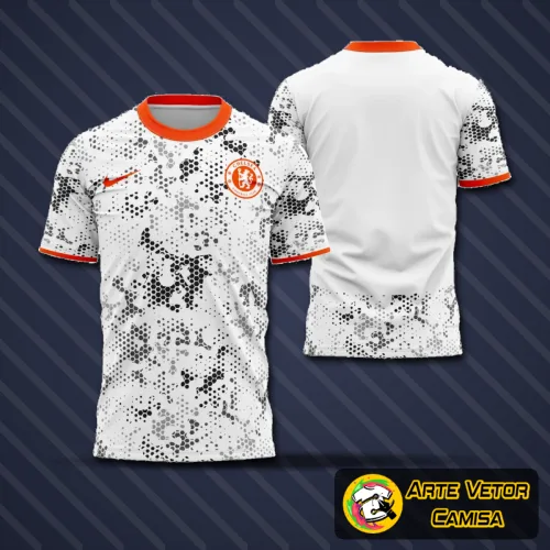 Camisa azul com logo no peito e estampa grande nas costas, destacando um design moderno e conceitual inspirado no time Chelsea para 2025, ideal para apaixonados por futebol e colecionadores.