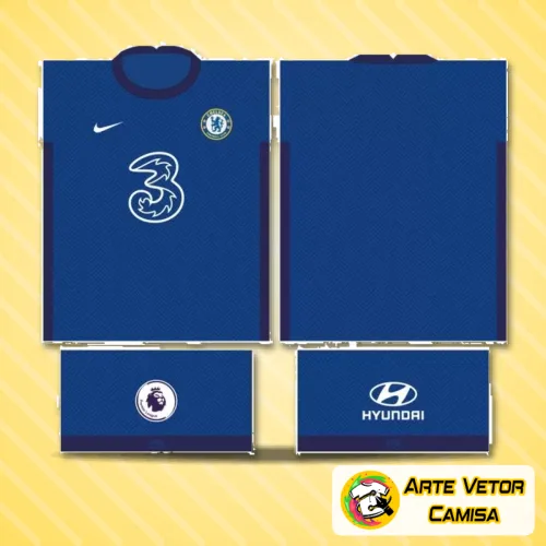 Foto da camisa Chelsea exibindo um logo no peito e uma estampa grande nas costas, com design moderno e detalhes que destacam a identidade do time.
