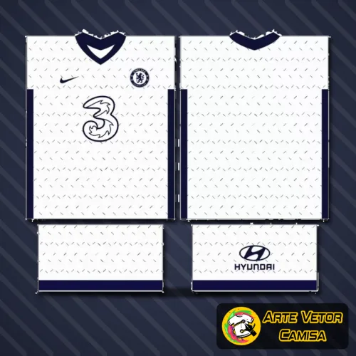 Camisa Chelsea com logo no peito e estampa grande nas costas, exibindo um design moderno e estiloso, perfeito para fãs do clube que querem mostrar sua paixão com elegância e personalidade.