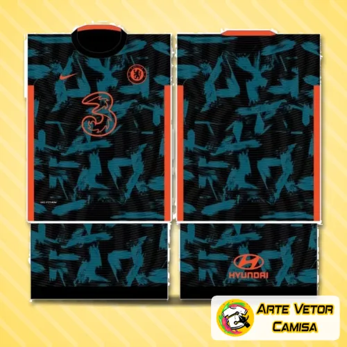 Camisa Chelsea com logo no peito e estampa grande nas costas em um design moderno e vibrante, combinando estilo clássico com detalhes marcantes, ideal para fãs do time que buscam expressão visual única.