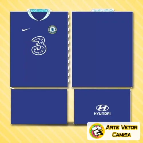 Camisa Chelsea com logo no peito e estampa grande nas costas, exibindo detalhes marcantes e cores vibrantes que valorizam o design esportivo e moderno.