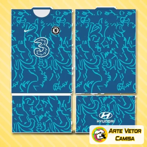 Camisa Chelsea com logo no peito destacando identidade do time e estampa grande nas costas que realça o estilo único e vibrante dos torcedores apaixonados pelo clube.