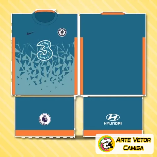 Camisa Chelsea com logo no peito e estampa grande nas costas exibindo design moderno e vibrante, ideal para fãs que buscam estilo autêntico e conforto em uma peça marcante.