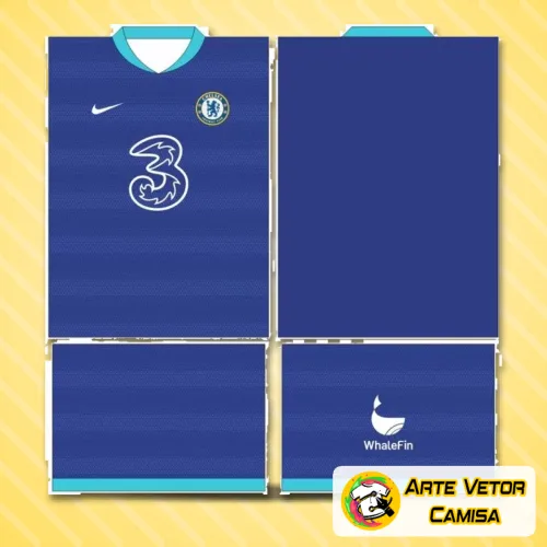 Camisa Chelsea com logo no peito e uma estampa grande nas costas apresentando design vibrante e moderno, perfeita para fãs do time que querem destacar estilo e paixão.