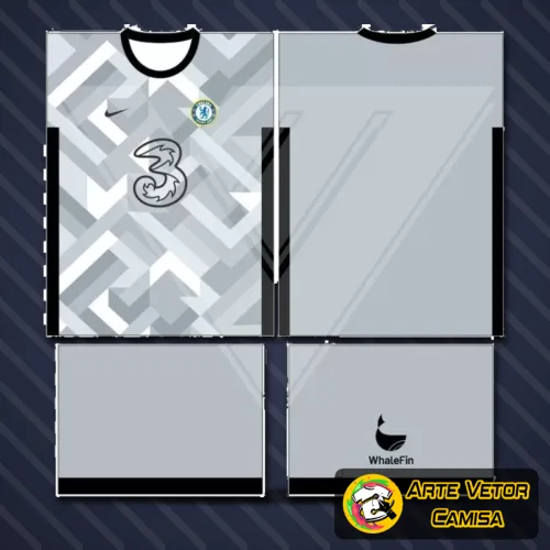 Camisa Chelsea com logo no peito e estampa grande nas costas em destaque, mostrando design moderno e detalhes vibrantes que valorizam o visual esportivo e elegante.