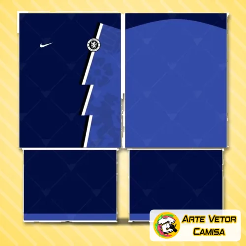 Camisa Chelsea com logo no peito e uma estampa grande nas costas que destaca detalhes vibrantes e design moderno, perfeita para fãs que valorizam estilo e identidade marcante em suas roupas.