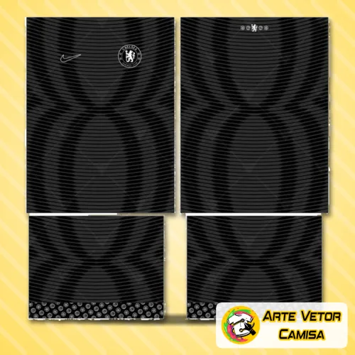 Foto de uma camisa Chelsea com logo no peito e estampa grande nas costas, exibindo design moderno e vibrante, ideal para fãs e colecionadores do time