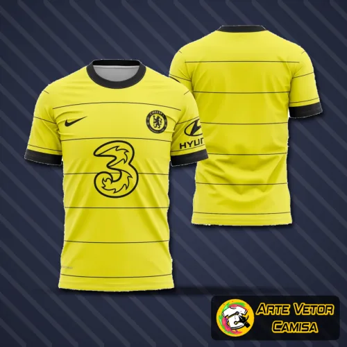Camisa Chelsea com logo no peito e estampa grande nas costas exibindo o design clássico do uniforme visitante 2021-2022 em cores azul, branco e detalhes marcantes.