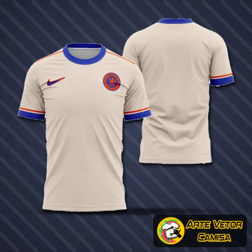 Camisa Chelsea com logo no peito e estampa grande nas costas, destacando a combinação de cores azul e detalhes modernos que representam estilo e identidade do time na temporada 2024-2025