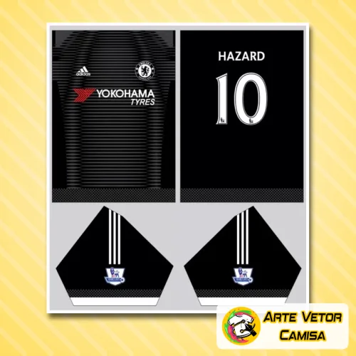 Camisa Chelsea com logo no peito e estampa grande nas costas, apresentando um design moderno e arrojado que destaca as cores tradicionais do time com detalhes vibrantes.