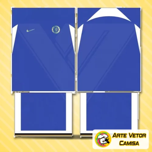 Foto de camisa Chelsea com logo no peito e estampa grande nas costas, mostrando design vibrante e moderno ideal para fãs do time que valorizam estilo autêntico e personalidade marcante na vestimenta.