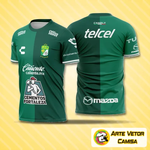 Vista frontal da camisa do Club Leon com logo no peito bem visível e uma estampa grande nas costas repleta de detalhes vibrantes, destacando cores intensas e design moderno.