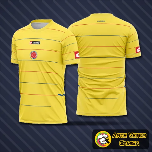 Camisa da Colombia com logo no peito destacado e estampa grande nas costas mostrando detalhes da seleção em 2004, cores vibrantes e design autêntico para fãs e colecionadores.