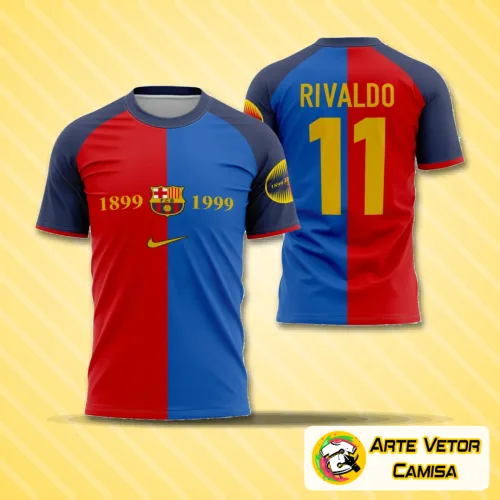 Foto da camisa com logo no peito e estampa grande nas costas, destacando as cores vibrantes e design único comemorativo do centenário do Barcelona.