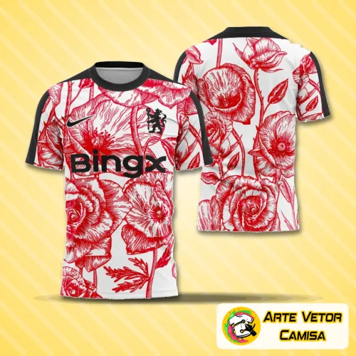 Foto de camisa com logo do Chelsea no peito e estampa grande nas costas celebrando o dia 25-26 da memória pré-jogo com design vibrante e detalhes únicos inspirados no clube