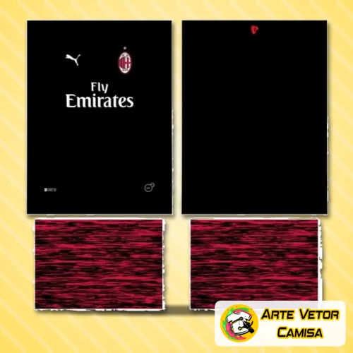 Camisa estilizada do AC Milan com logo no peito e estampa grande nas costas destacando detalhes modernos e vibrantes que remetem ao conceito 2024 do time.