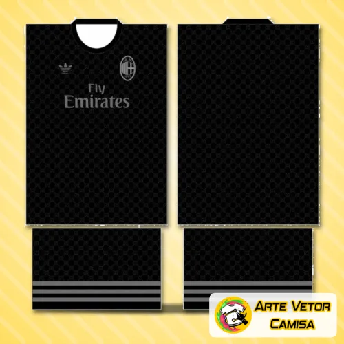 Imagem da camisa com logo no peito em destaque e estampa grande nas costas mostrando design moderno e inspirado no AC Milan para 2024, com cores vibrantes e detalhes marcantes.